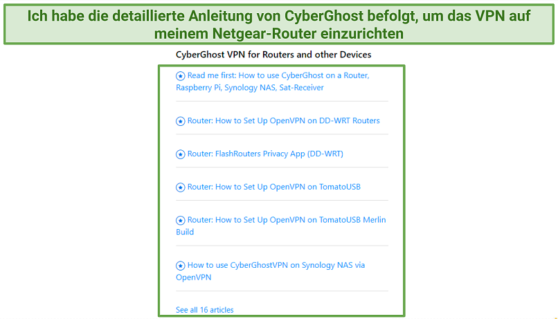 A screenshot of CyberGhost's router setup page displaying the instruction guides for different routers.