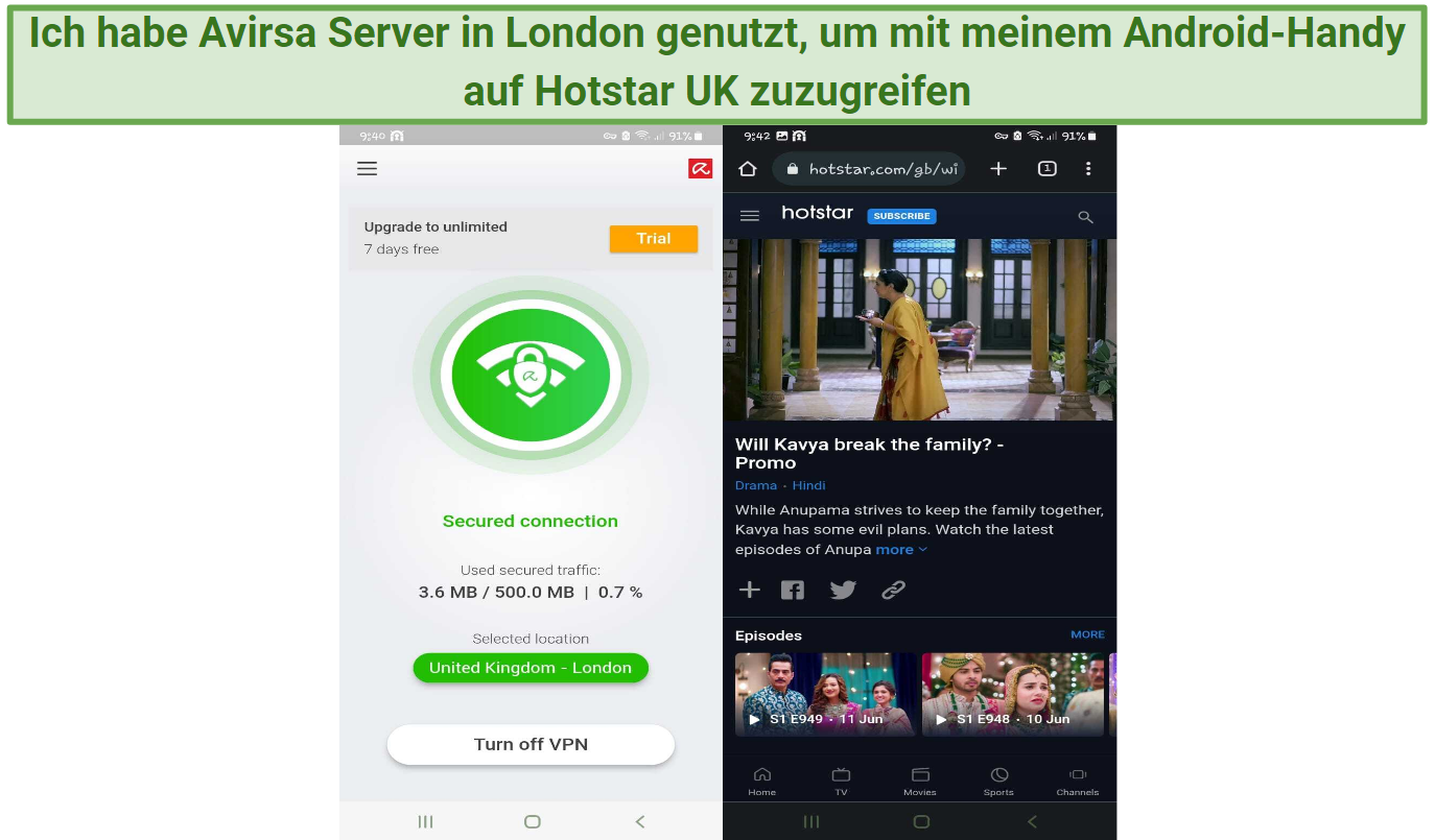 A screenshot of Hotstar's UK library on an Android phone while connected to Avira Phantom VPN's London server