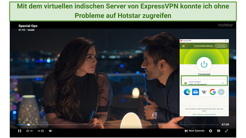 A screenshot of the show Special Ops streaming on Hotstar while connected to ExpressVPN's India (via Singapore) server