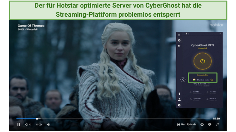 A screenshot of Game of Thrones playing while connected to one of CyberGhost's Indian servers