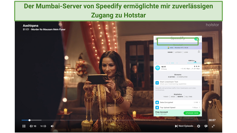 A screenshot showing Aashiqana playing on Hotstar while connected to Speedify's free Mumbai server