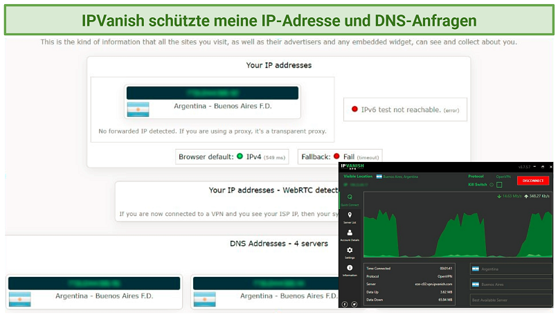 A screenshot showing IPVanish passed my leak tests