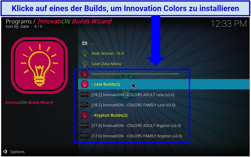 A screenshot showing Innovation Colors Kodi addon is compatible with Kodi 17 and 18