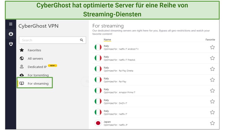Screenshot of CyberGhost's app showing its streaming servers