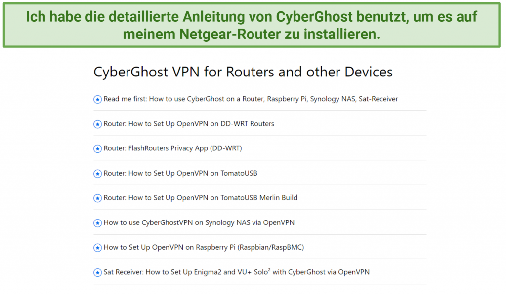 Screenshot showing a list of CyberGhost's router setup guides