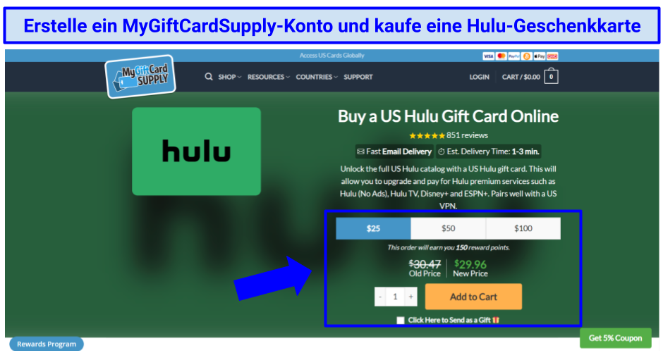 Picture of MyGiftCardSupply website showing Hulu gift cards