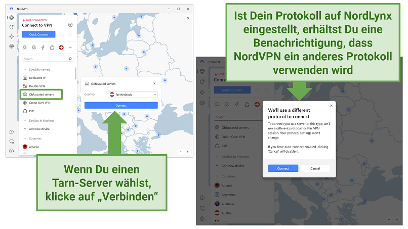 Screenshots of NordVPN's Windows app showing its Obfuscated server drop-down menu and the notification for changing protocols