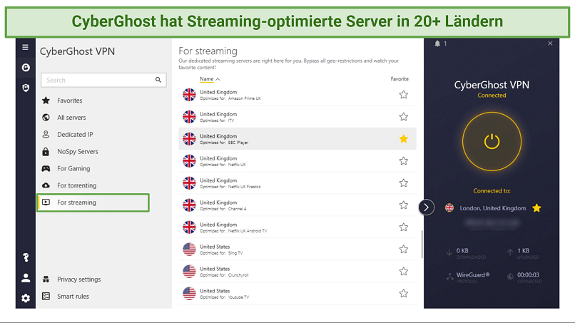 Screenshot showing a list of CyberGhost's streaming-optimized servers