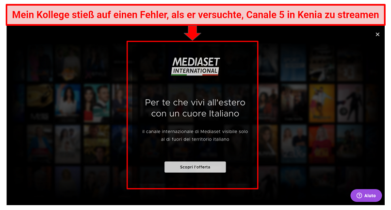 A screenshot showing the error message that pops up when trying to view Canale 5 outside Italy