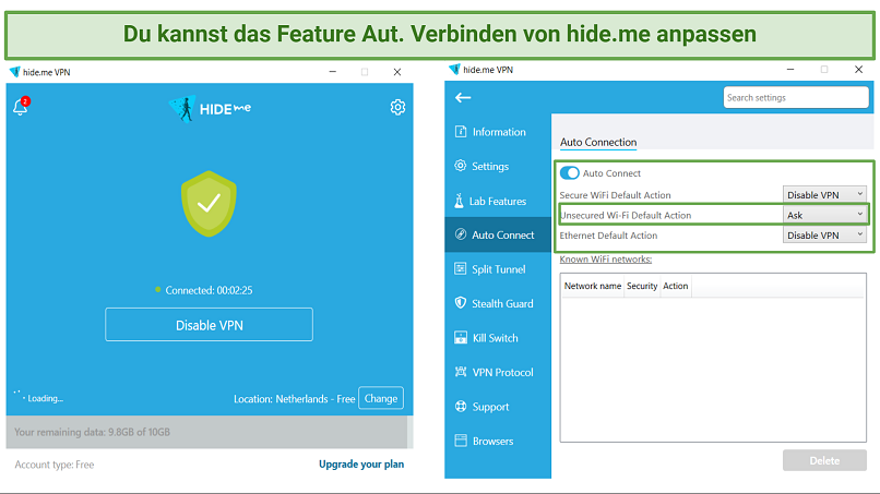 hideme's app interface and Automatic Connection feature