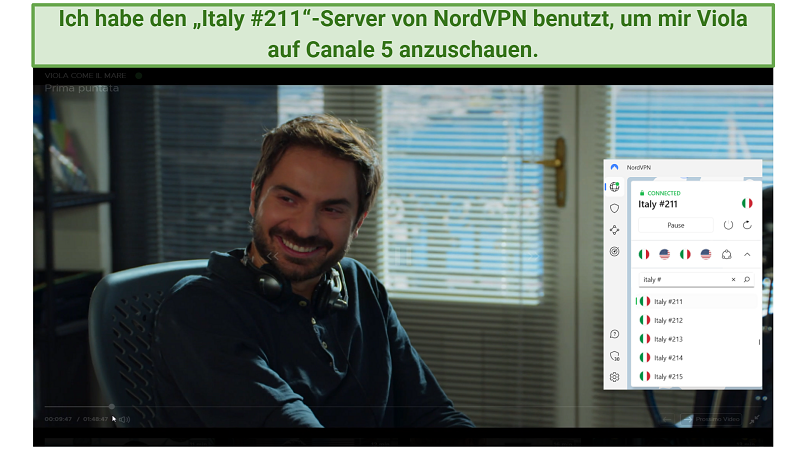 Screenshot showing Viola streaming on Canale 5 with NordVPN connected