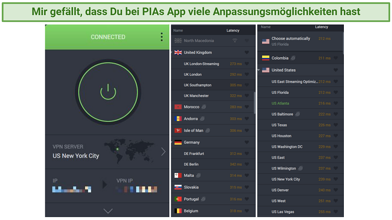 Screenshot of PIA Mac app highlighting the server network