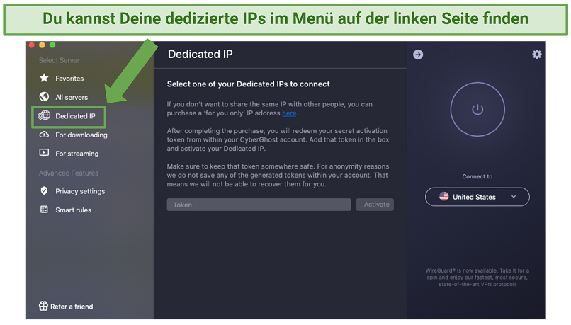 Screenshot of CyberGhost's Mac app highlighting the Dedicated IP tab
