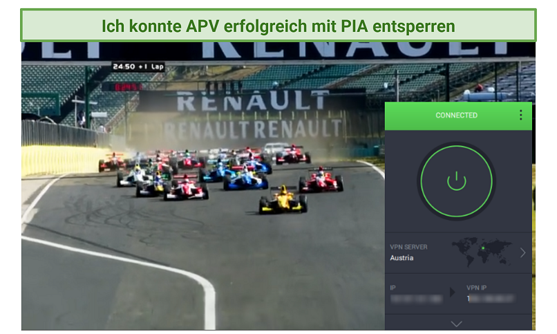A screenshot showing F1 streaming while connected to PIA's Austrial servers