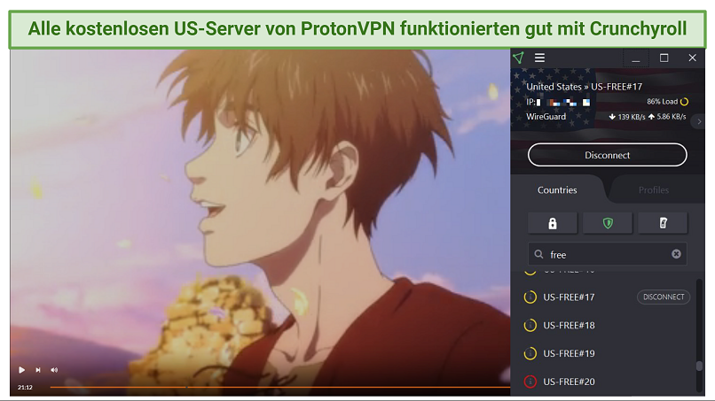 Streaming Attack on Titan on Crunchyroll with Proton VPN connected