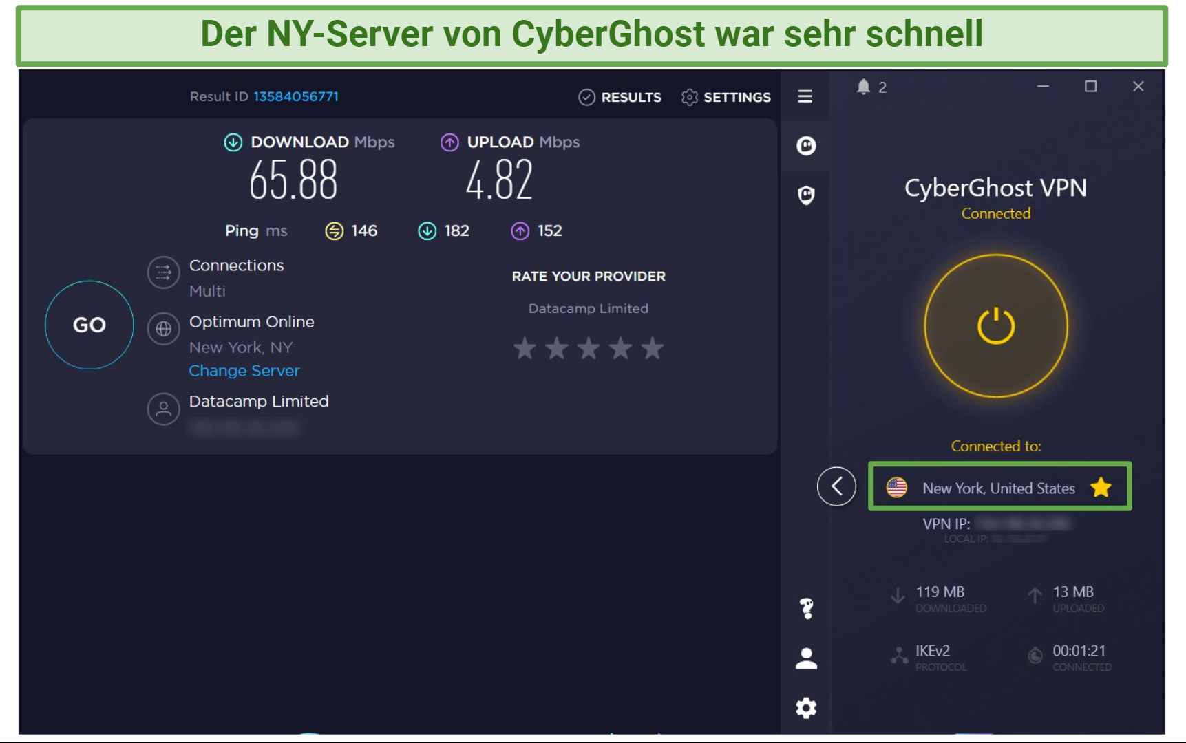 A screenshot of speed test results using CyberGhost's NY server