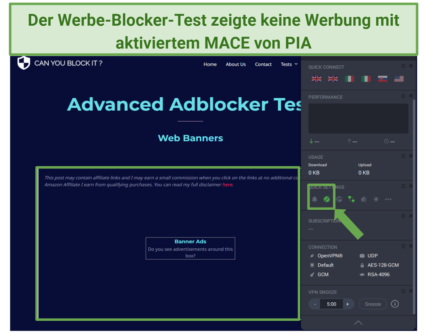 A screenshot of an advanced ad blocker test results showing the screen without ads when using PIA's MACE feature