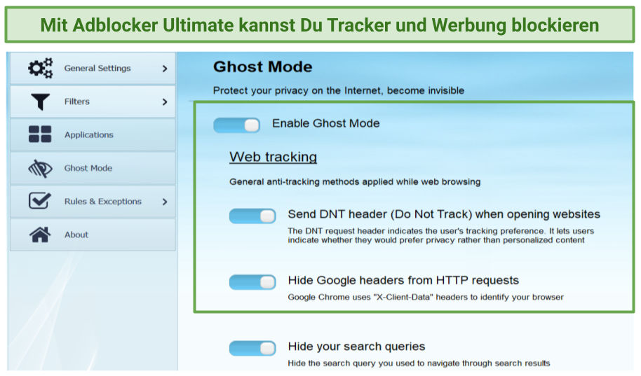 Screenshot of Adblocker Ultimate settings interface
