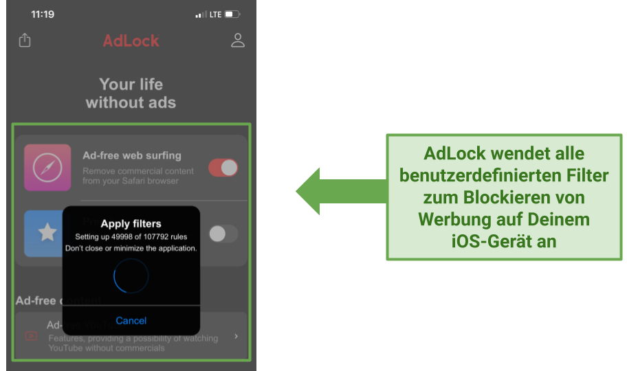 Screenshot of AdLock's iOS interface