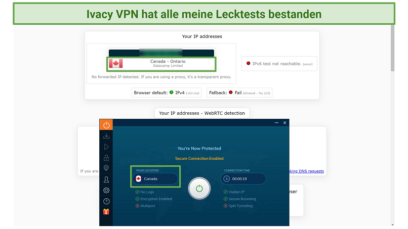 Screenshot of leak tests performed on ipleak.net while connected to Ivacy VPN