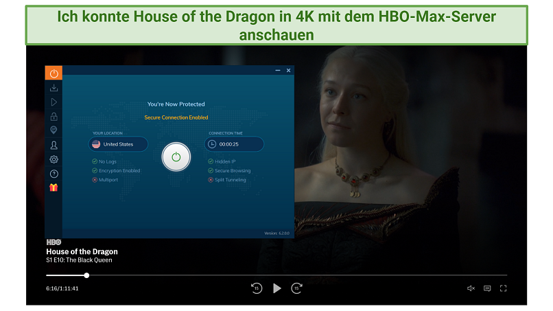 Screenshot of HBO Max player streaming House of the Dragon while connected to Ivacy VPN