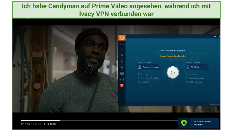 Screenshot of Amazon Prime Video player streaming Candyman while connected to Ivacy VPN