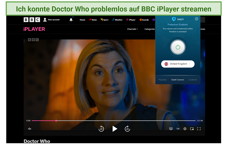 Screenshot of BBC iPlayer streaming Doctor Who while connected to Ivacy VPN