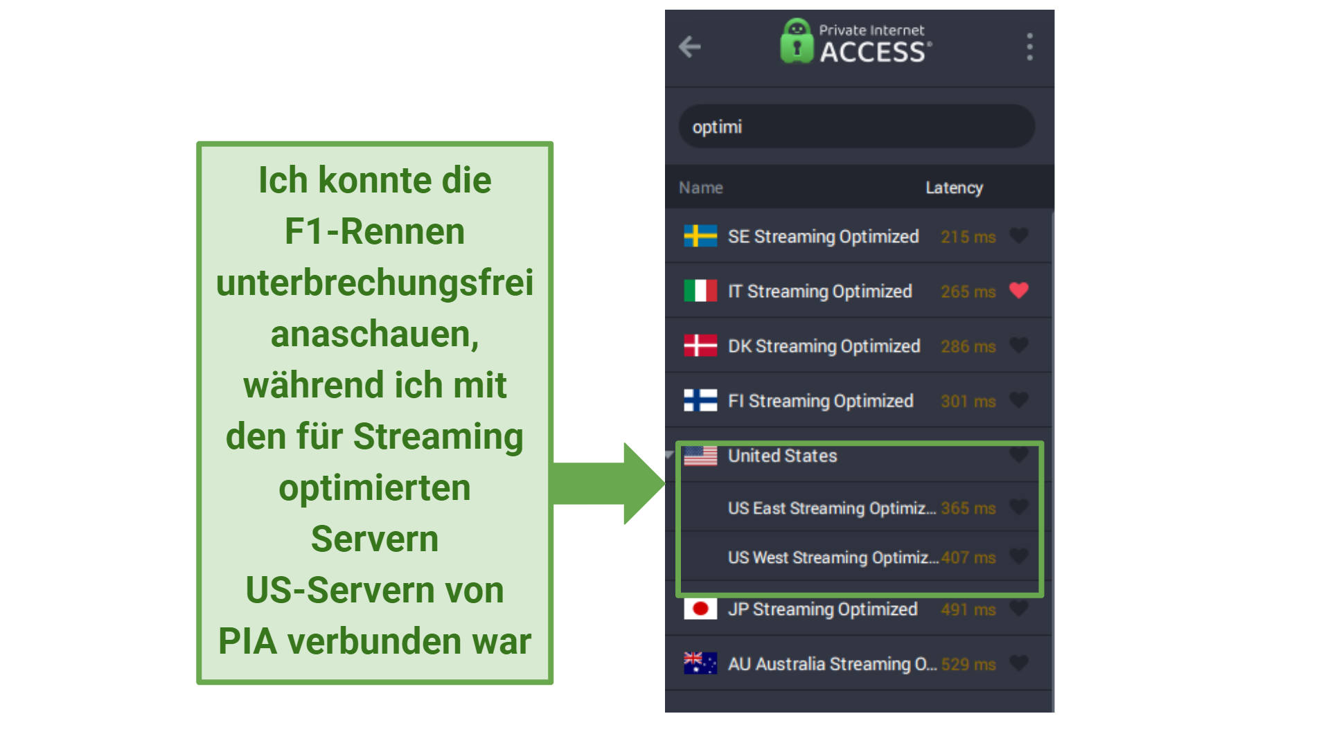 Screenshot of PIA app displaying servers optimized for smooth streaming.