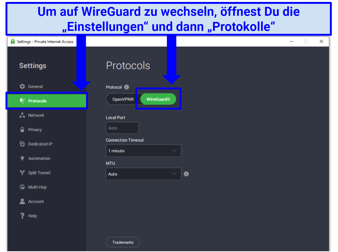 Screenshot of the PIA app interface showing the OpenVPN and WireGuard protocols