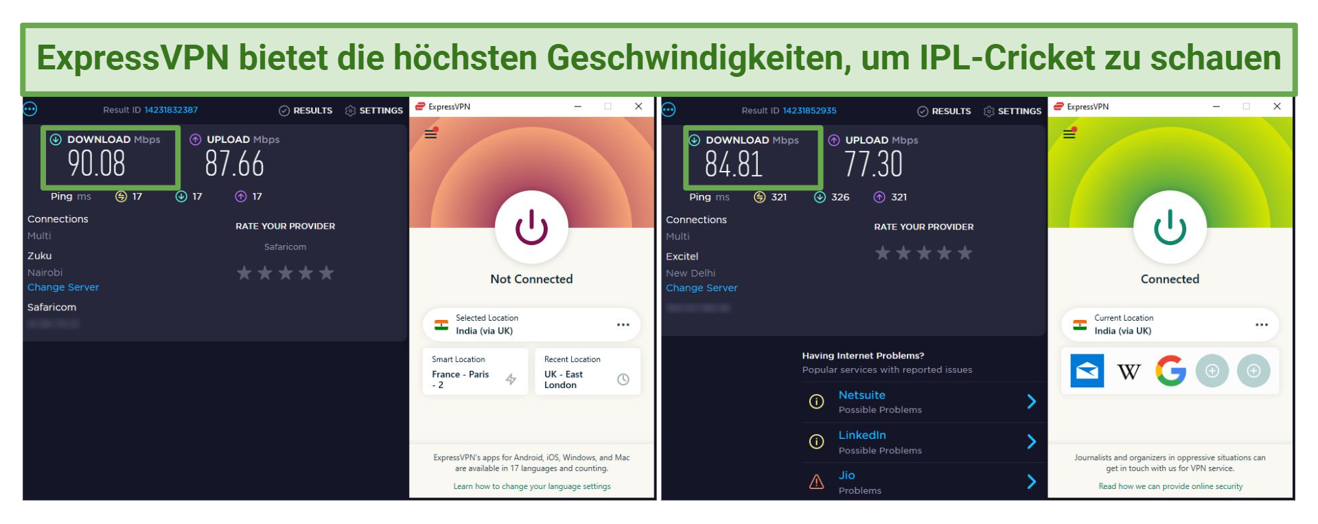 Screenshot of speed test results with and without ExpressVPN connected to India server