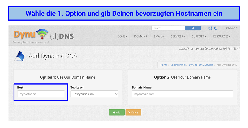 Screenshot of creating a DDNS hostname with the Dynu service