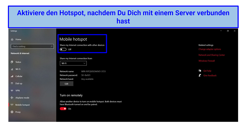 Screenshot of Windows 10 mobile hotspot turned off