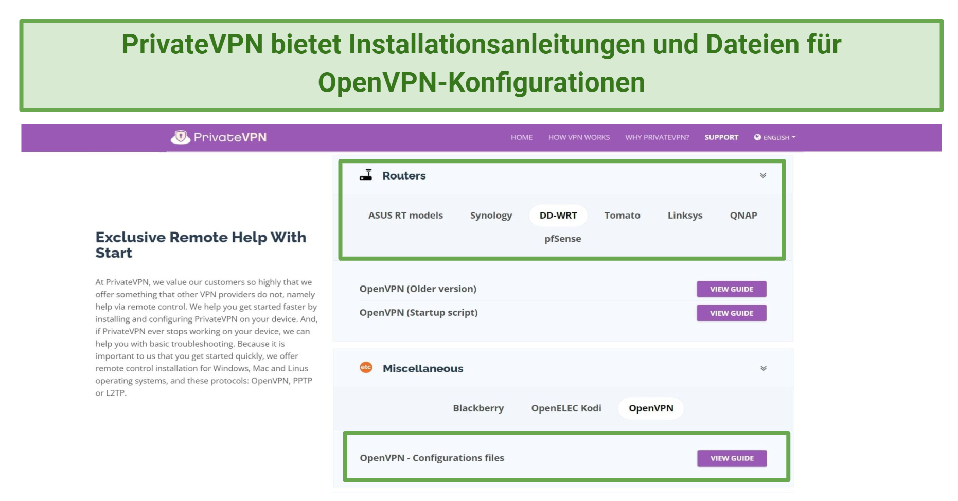 Screenshot of PrivateVPN's support page with configuration files