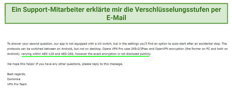 Screenshot of OperaVPN Pro email confirming the encryption levels aren't disclosed