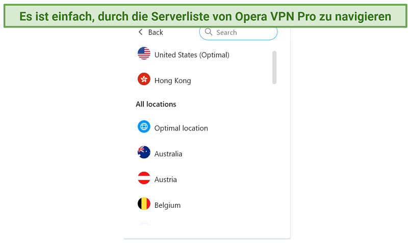Screenshot of OperaVPN Pro's server list in the Opera browser on a Windows device