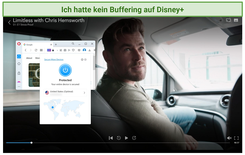 Screenshot of Disney+ player streaming Limitless with Chris Hemsworth while connected to OperaVPN Pro