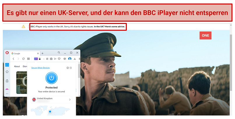 Screenshot of BBC iPlayer being blocked while connected to OperaVPN Pro