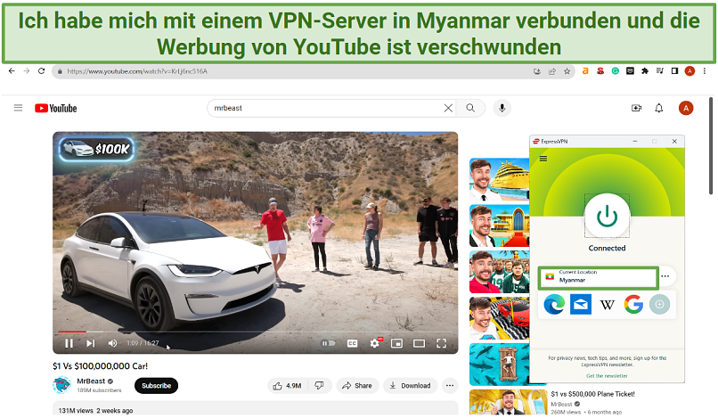 An image displaying how connecting to a VPN server in Myanmar lets you watch YouTube without ads