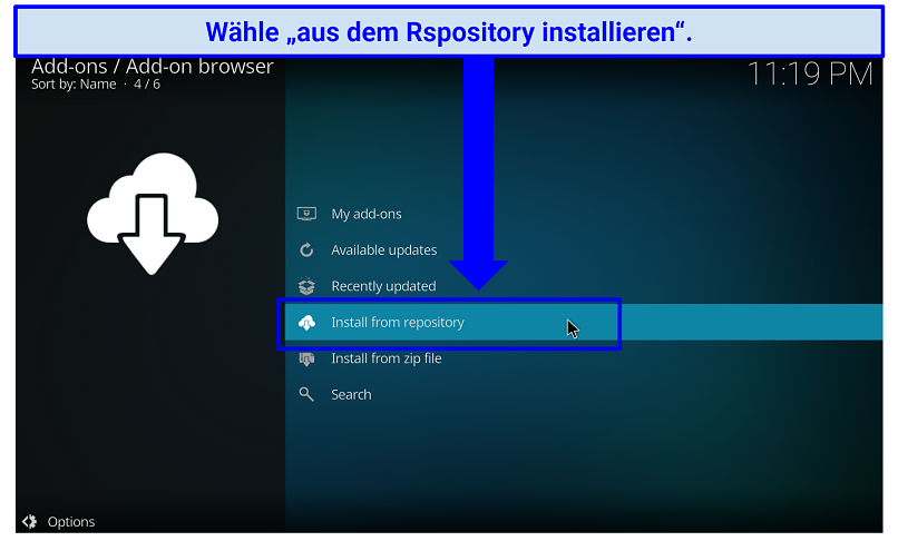 A screenshot showing the option that takes you to Kodi repositories once installed