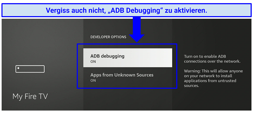 A screenshot showing you need to toggle Apps from Unknown sources and ADB debugging to On to install apps not present on the Amazon Appstore