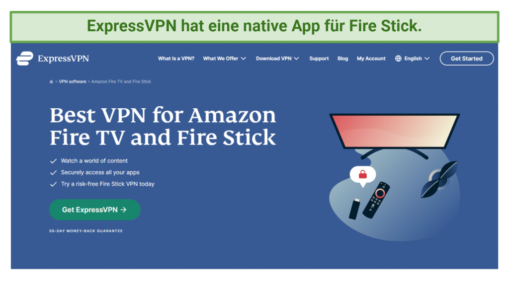 A screenshot of ExpressVPN's website showing that it offers a native app for Fire Stick