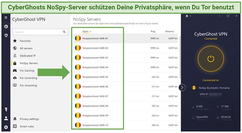 Screenshot of CyberGhost's Windows app highlighting where to the find the NoSpy servers