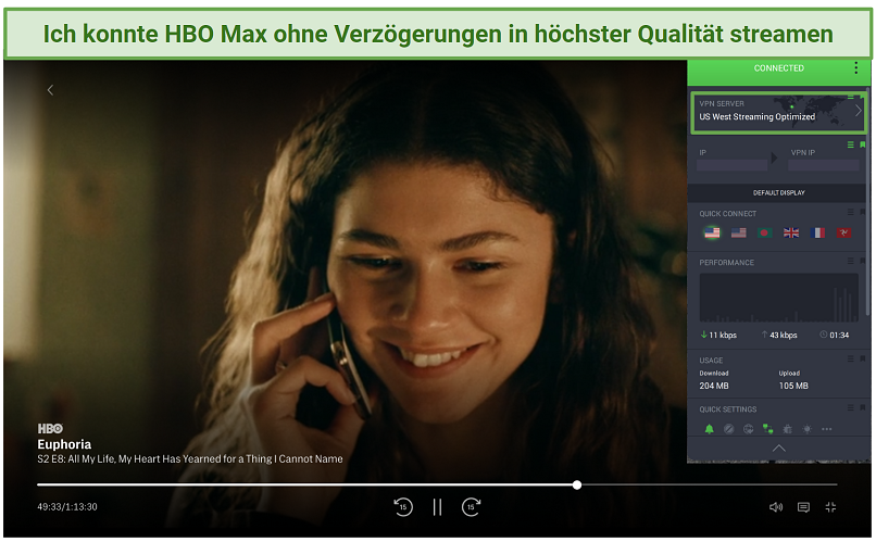 Screenshot of PIA unblocking HBO Max