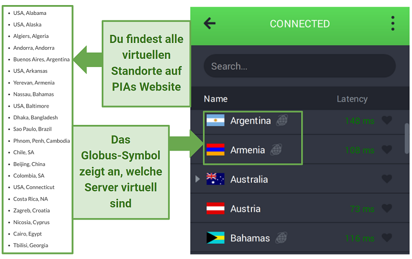 Screenshots of PIA's website and app showing its virtual server locations