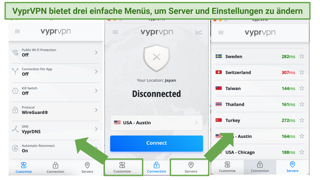 Screenshot of VyprVPNs three main menu screens