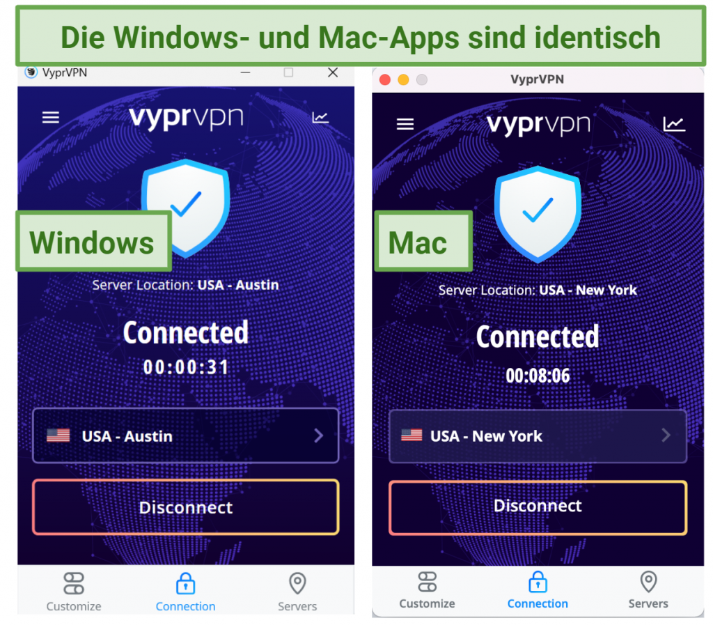 Screenshots of VyprVPNs windows and mac app interfaces side by side