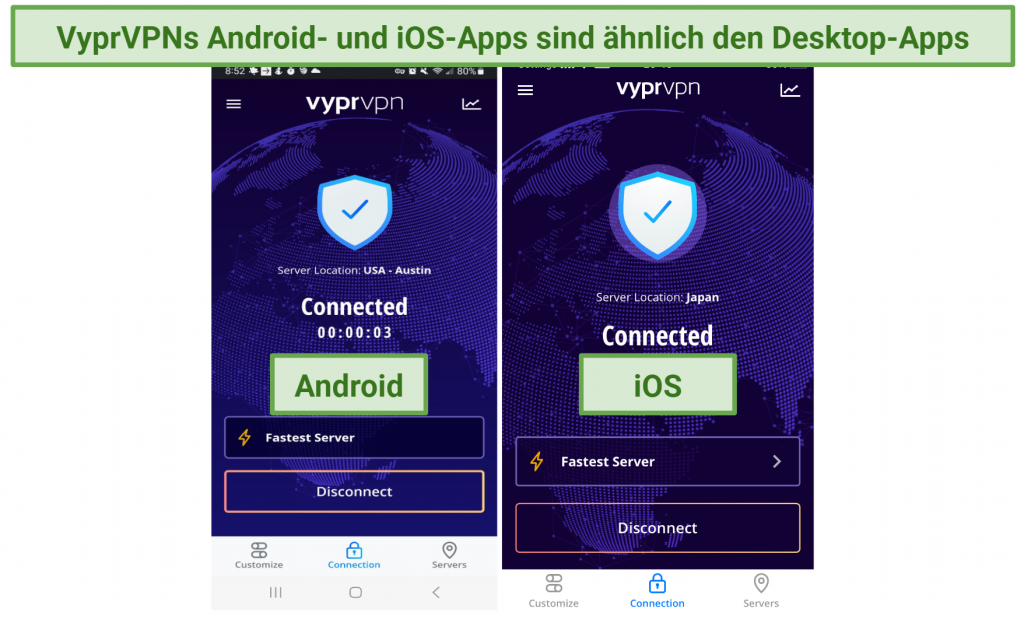 Screenshots of VyprVPNs Android and iOS apps side by side