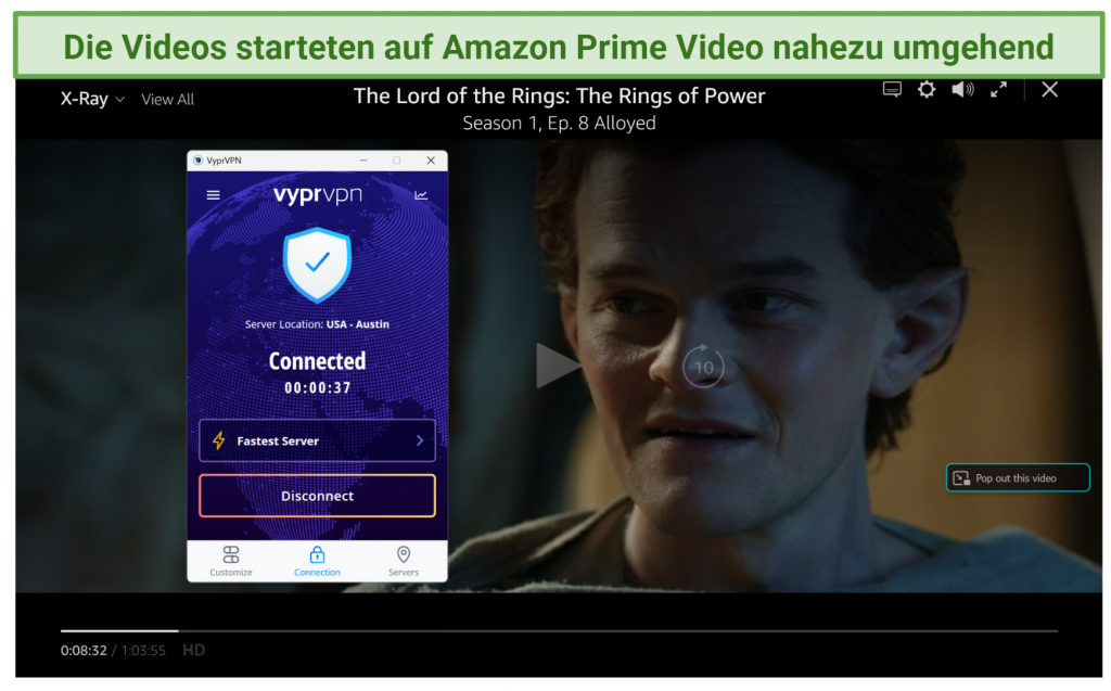 Screenshot of Amazon Prime Video player streaming Lord of The Rings: The Rings of Power using VyprVPN's Austin server