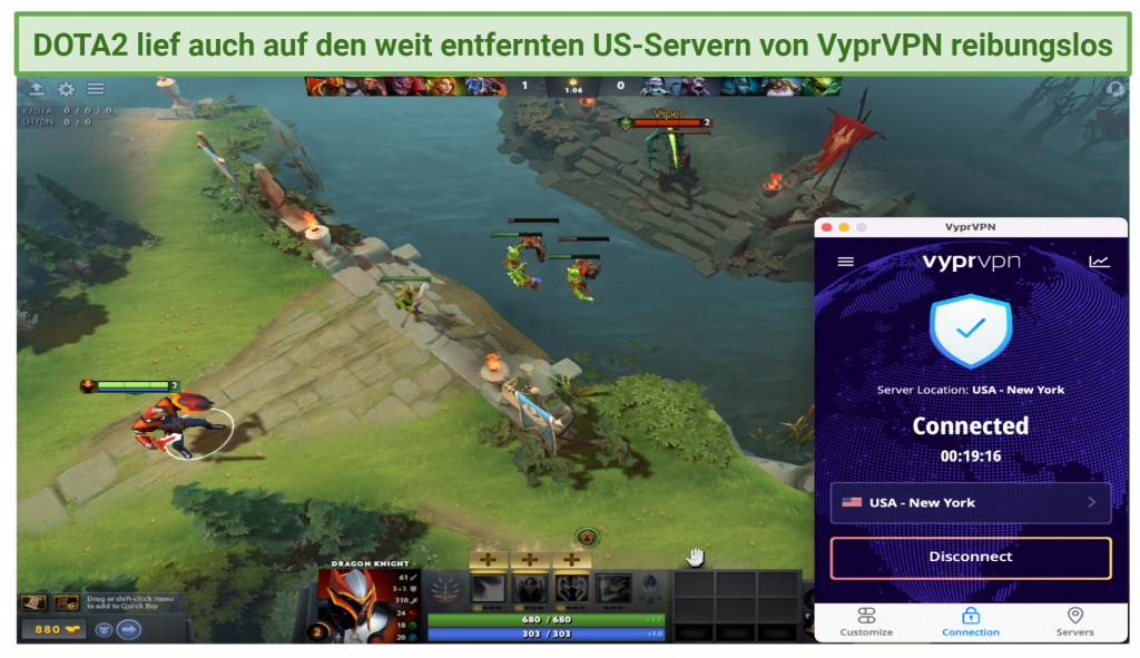 Screenshot of DOTA2 multiplayer game with VyprVPN connected to the New York server