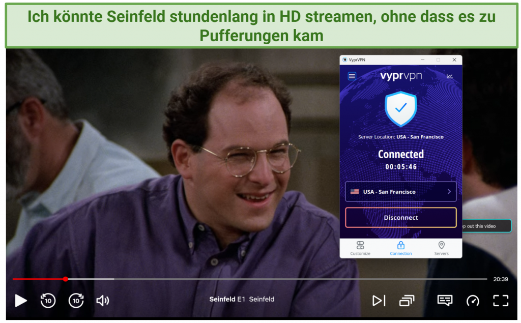 Screenshot of Seinfeld on Netflix player while connected to VyprVPN's San Francisco server